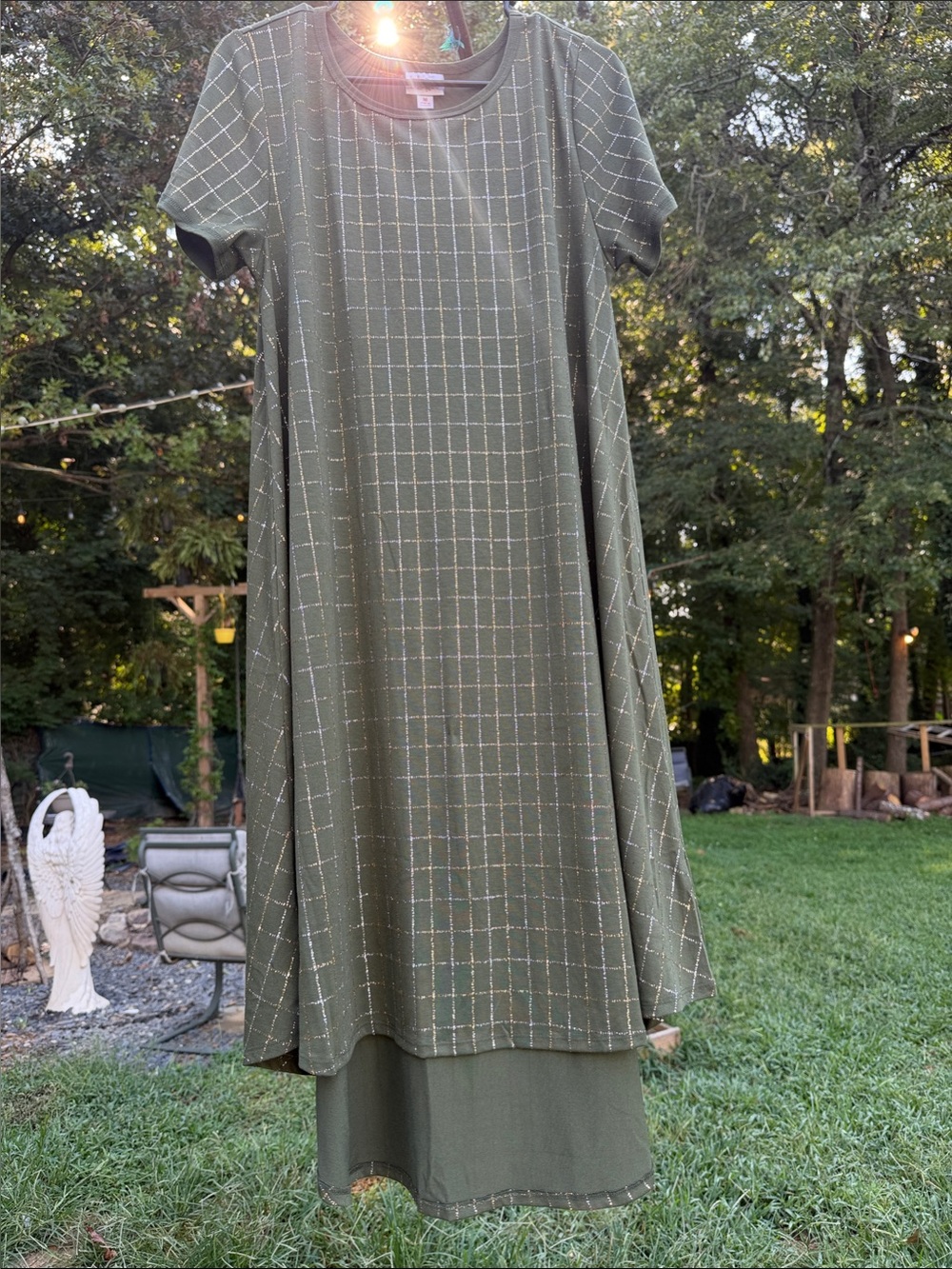LuLaRoe Elegant Collection Metallic Gold Grid Carly Swing Dress Green M